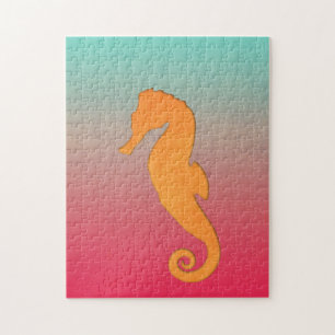 Seahorse silhouette orange turquoise simple jigsaw puzzle
