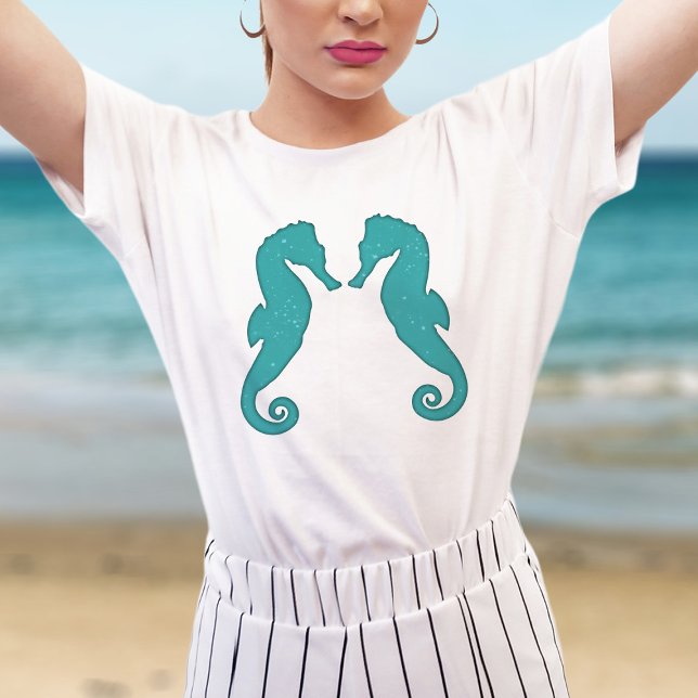 Seahorse silhouettes Aqua Blue Simple nautical T-Shirt (Creator Uploaded)