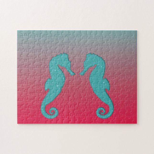 Seahorse silhouettes Turquoise aqua Nautical Jigsaw Puzzle (Horizontal)