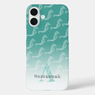 Seahorse Skeleton Pattern Sea Green Monogram Name iPhone 16 Plus Case