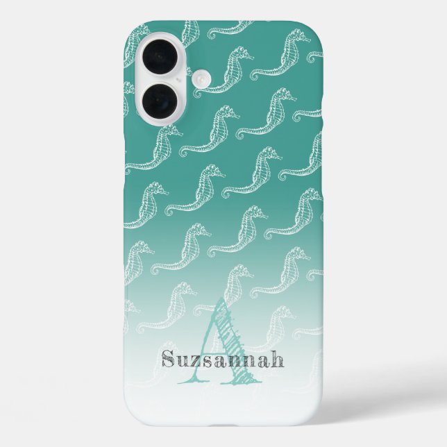 Seahorse Skeleton Pattern Sea Green Monogram Name Case-Mate iPhone Case (Back)
