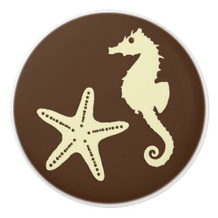 Seahorse & starfish - cocoa brown and beige ceramic knob