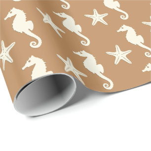 Seahorse & starfish - cocoa brown and beige wrapping paper