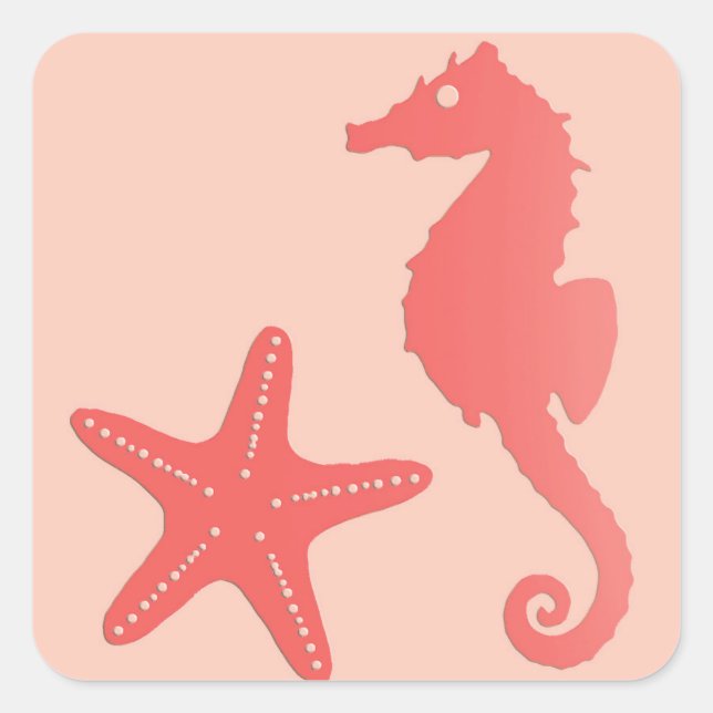 Seahorse & Starfish, Coral Orange  Square Sticker (Front)