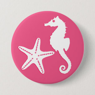 Seahorse & starfish - Coral Pink and White 7.5 Cm Round Badge