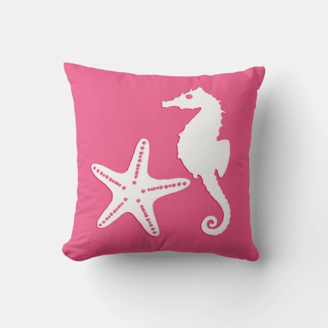 Seahorse & starfish - Coral Pink and White Cushion (Front)