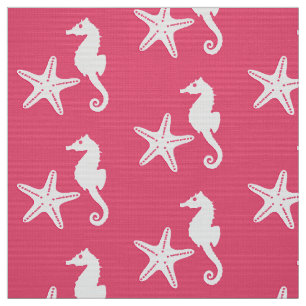Seahorse & starfish - Coral Pink and White Fabric