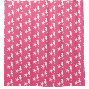 Seahorse & starfish - Coral Pink and White Shower Curtain