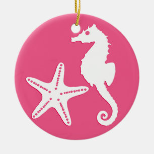 Seahorse & starfish - coral pink ceramic tree decoration