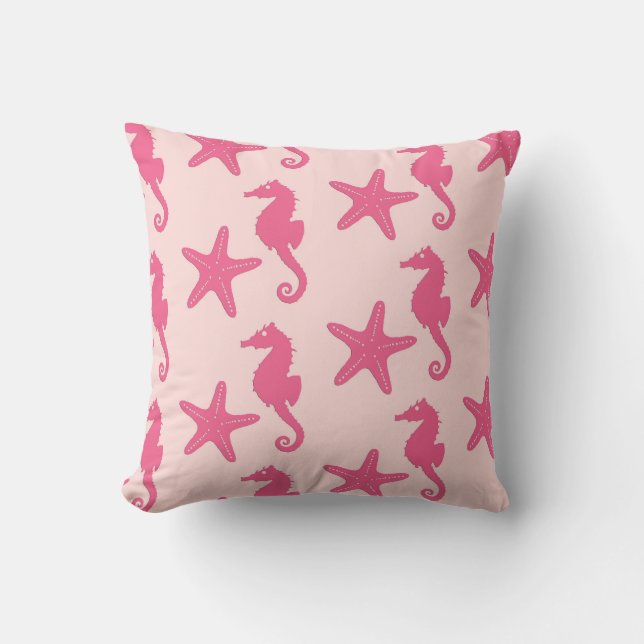 Seahorse & starfish - coral pink cushion (Front)