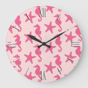 Seahorse & starfish - coral pink large clock