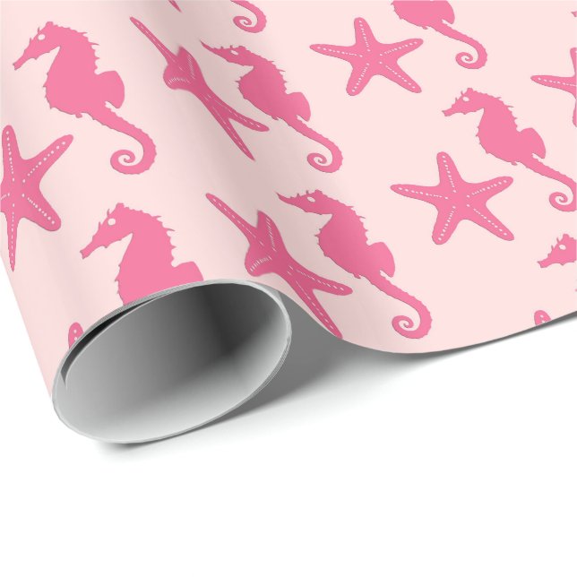Seahorse & starfish - coral pink wrapping paper (Roll Corner)