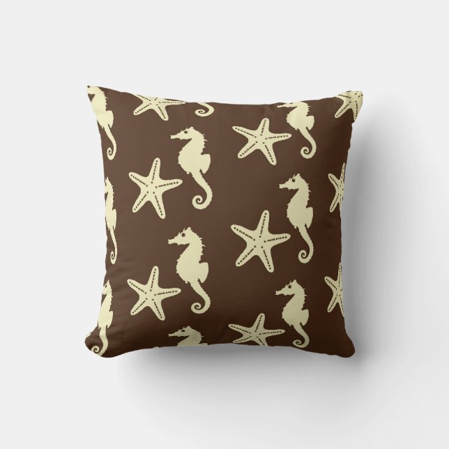 Seahorse & starfish - dark brown and beige cushion (Front)