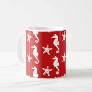 Seahorse & starfish - dark coral red and white coffee mug