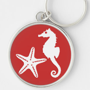 Seahorse & starfish - dark coral red and white key ring
