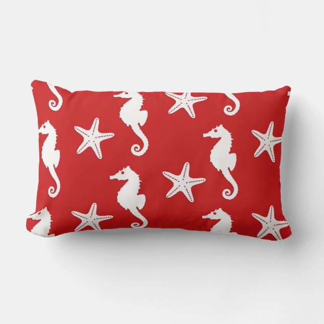 Seahorse & starfish - dark coral red and white lumbar cushion (Front)