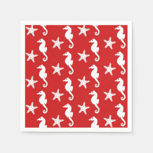 Seahorse & starfish - dark coral red and white napkin