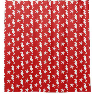 Seahorse & starfish - dark coral red and white shower curtain
