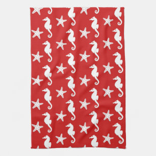 Seahorse & starfish - dark coral red and white tea towel