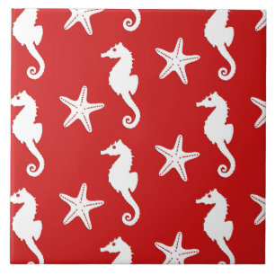 Seahorse & starfish - dark coral red and white tile