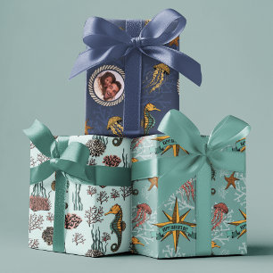 Seahorse, Starfish, Jellyfish & Coral Nautical Wrapping Paper Sheet