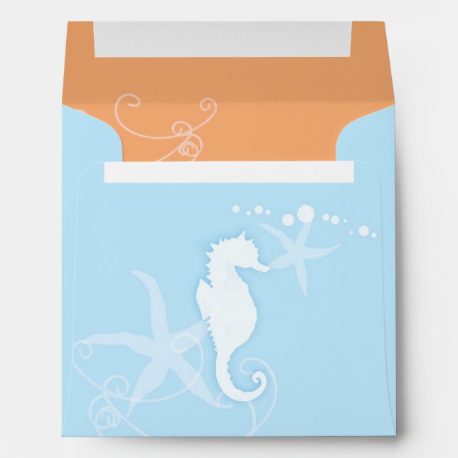 Seahorse Starfish Light Blue Beach Wedding Envelopes (Back (Bottom))