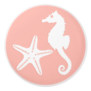 Seahorse & starfish - Light Coral Pink Ceramic Knob