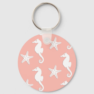 Seahorse & starfish - Light Coral Pink Key Ring