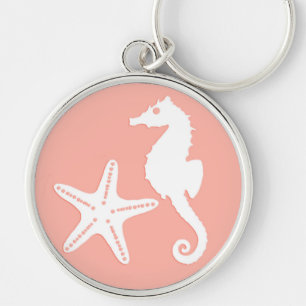 Seahorse & starfish - Light Coral Pink Key Ring