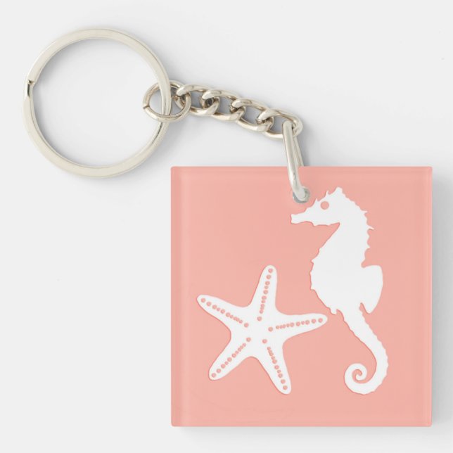 Seahorse & starfish - Light Coral Pink Key Ring (Front)
