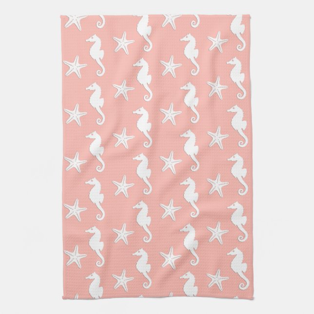 Seahorse & starfish - Light Coral Pink Tea Towel (Vertical)