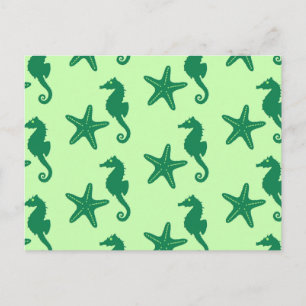 Seahorse & starfish - lime and emerald green postcard
