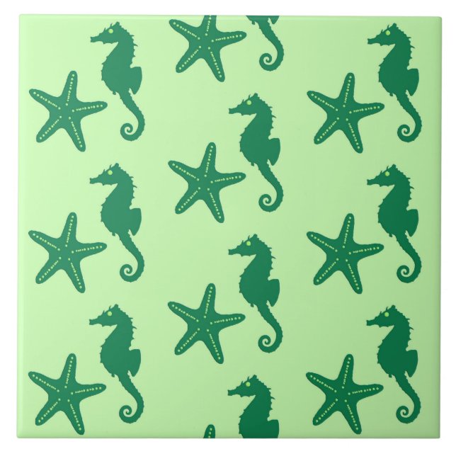 Seahorse & starfish - lime and emerald green tile (Front)