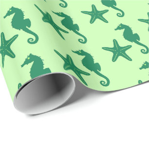 Seahorse & starfish - lime and emerald green wrapping paper