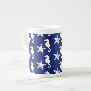 Seahorse & starfish - navy blue and white bone china mug