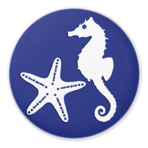Seahorse & starfish - navy blue and white ceramic knob