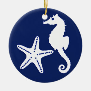 Seahorse & starfish - navy blue and white ceramic tree decoration