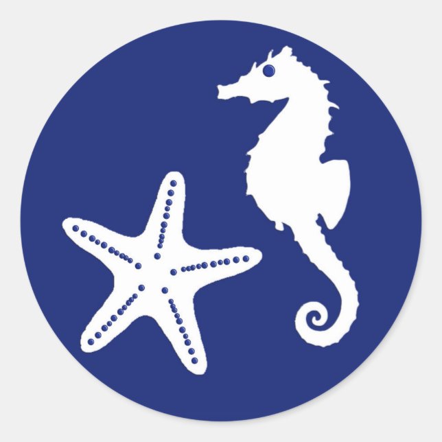 Seahorse & Starfish, Navy Blue and White  Classic Round Sticker (Front)
