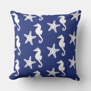 Seahorse & starfish - navy blue and white cushion