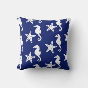 Seahorse & starfish - navy blue and white cushion
