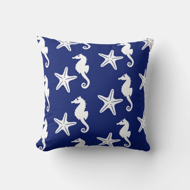 Seahorse & starfish - navy blue and white cushion (Front)