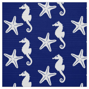 Seahorse & starfish - navy blue and white fabric