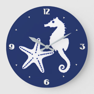 Seahorse & starfish - navy blue and white large clock