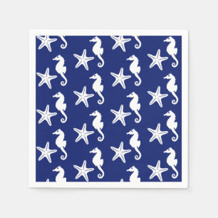 Seahorse & starfish - navy blue and white napkin