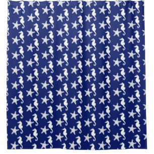 Seahorse & starfish - navy blue and white shower curtain