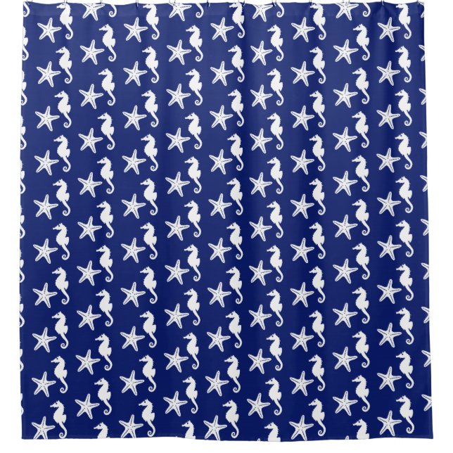 Seahorse & starfish - navy blue and white shower curtain (Front)