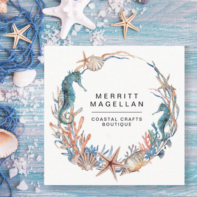 Seahorse Starfish Seashells Coastal Wreath Square  Business Card (Creator Uploaded)