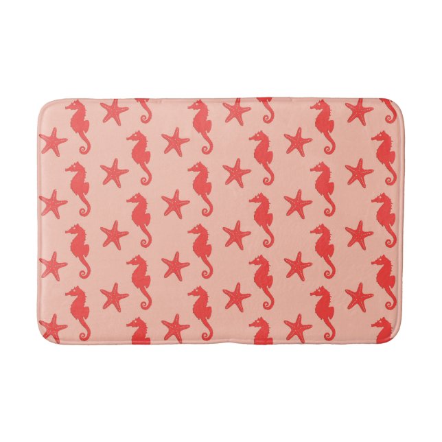 Seahorse & starfish - shades of coral orange bath mat (Front)