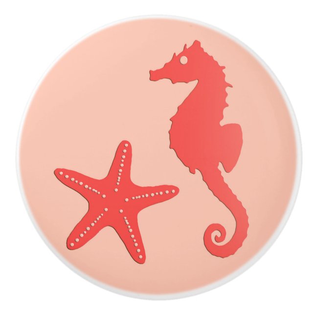 Seahorse & starfish - shades of coral orange ceramic knob (Front)
