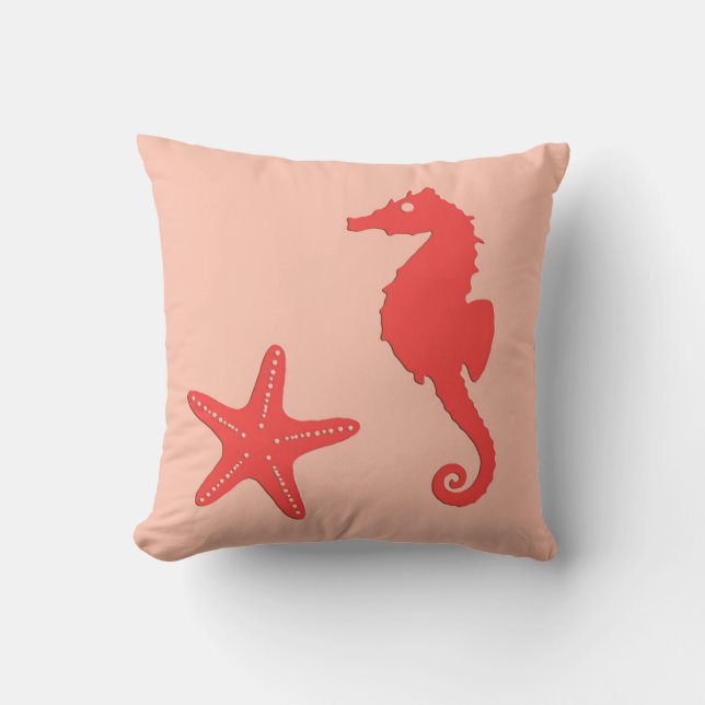Seahorse & starfish - shades of coral orange cushion (Front)